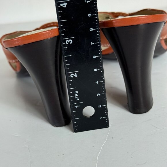 Nicole Rust Orange Sandals Sz 8.5 Leather High Heel Open Toe Cutouts Brass Studs - Picture 10 of 15